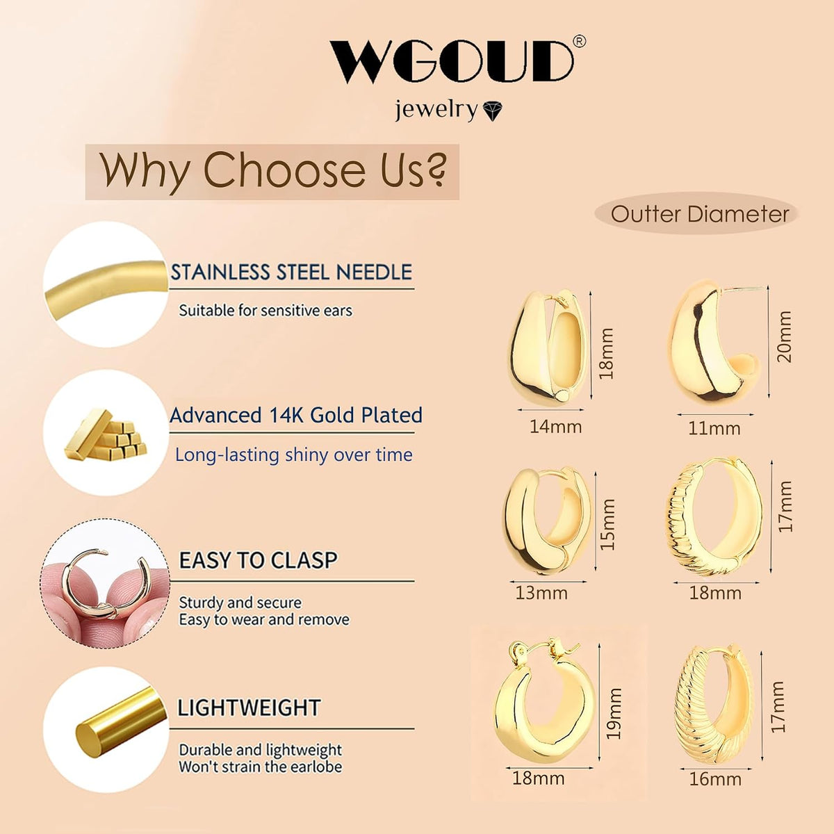 Wgoud 6 Pairs Chunky Gold Hoop Earrings for Women, 14K Gold Plated Hoop Earrings Hypoallergenic, Thick Lightweight Twisted Huggie Hoops Earring Set for Women’s Jewelry GIfts