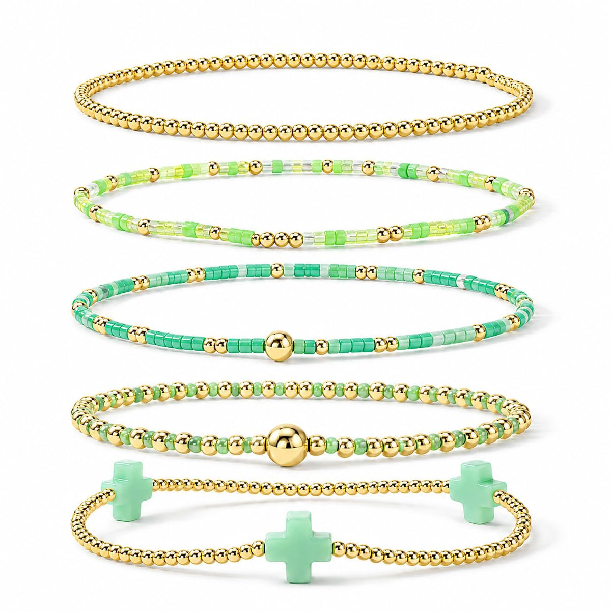 Gold Bracelets for Women, Beaded Cross Stack, Non Tarnish Set，Set-1