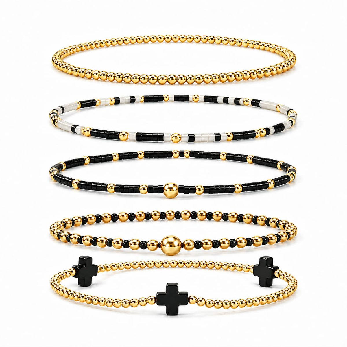 Gold Bracelets for Women, Beaded Cross Stack, Non Tarnish Set，Set-1