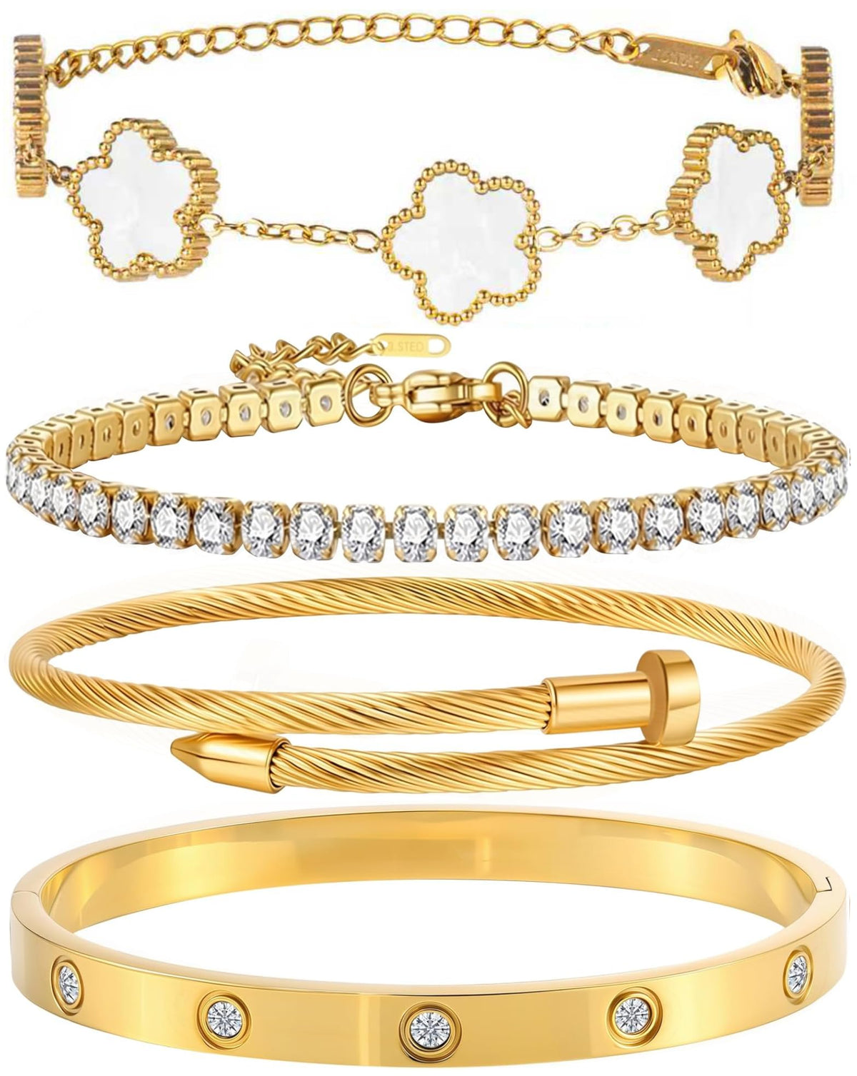 18K Gold Plated Bangle Bracelet Set for Women Stackable Lucky Floral Adjustable Tennis Bracelet Non Tarnish Gift Jewelry for Christmas Valentines Birthday Mother's Day