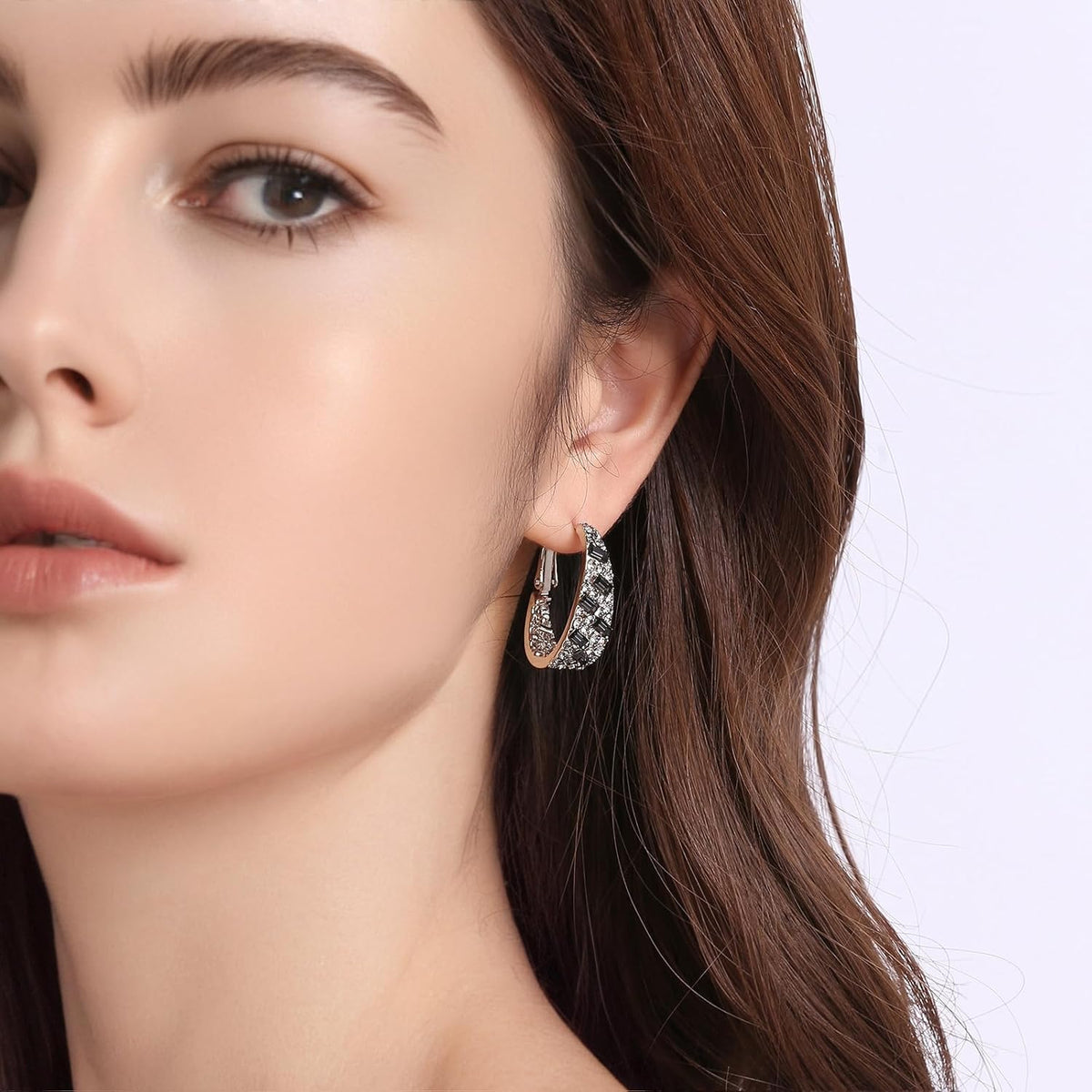 Qlady Crystal Hoop Earrings For Women, Bright Silver Plated Oval Inside Out Earring, Sparkling Modern Geometric Earrings, Gift for Her