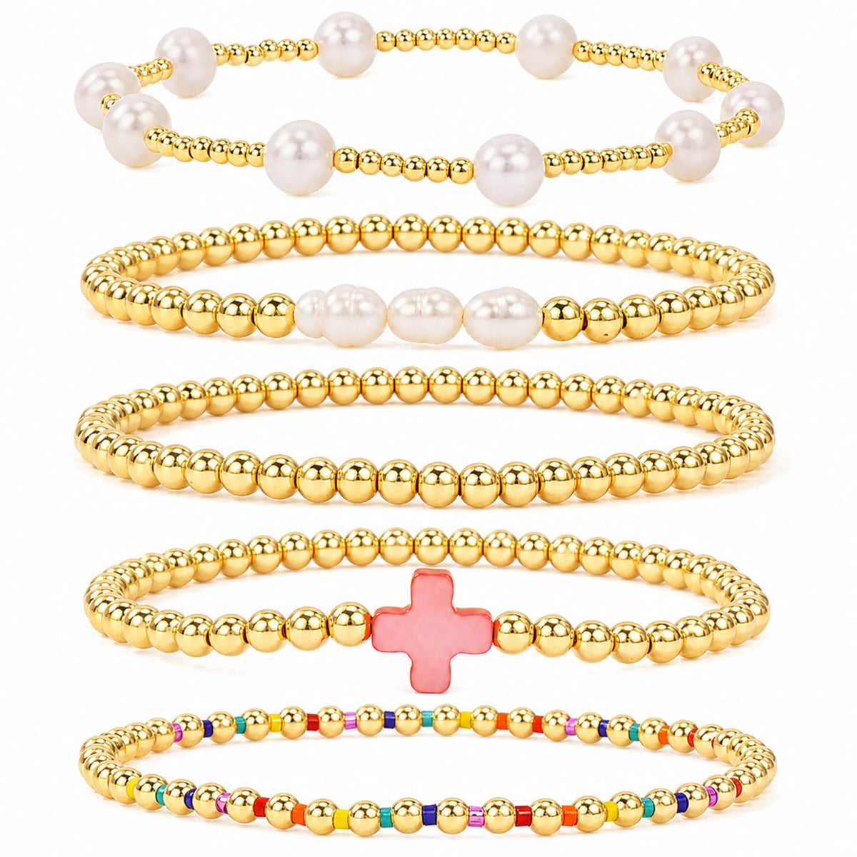 Gold Bracelets for Women, Beaded Cross Stack, Non Tarnish Set，Set-1