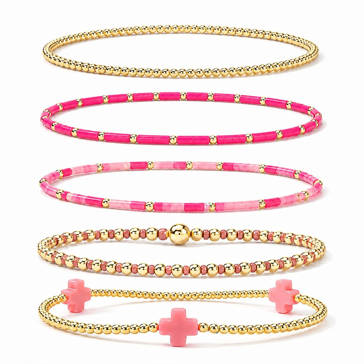 Gold Bracelets for Women, Beaded Cross Stack, Non Tarnish Set，Set-1