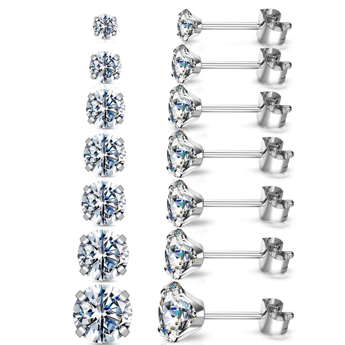 Stud Hoop Earrings Set 7 Pairs Hypoallergenic Cubic Zirconia Titanium Stainless Steel Silver Rose Gold Black 2-8mm CZ Cartilage Helix Flatback Ball Stud Hinged Sleeper Hoop Earrings Sets for Women Men