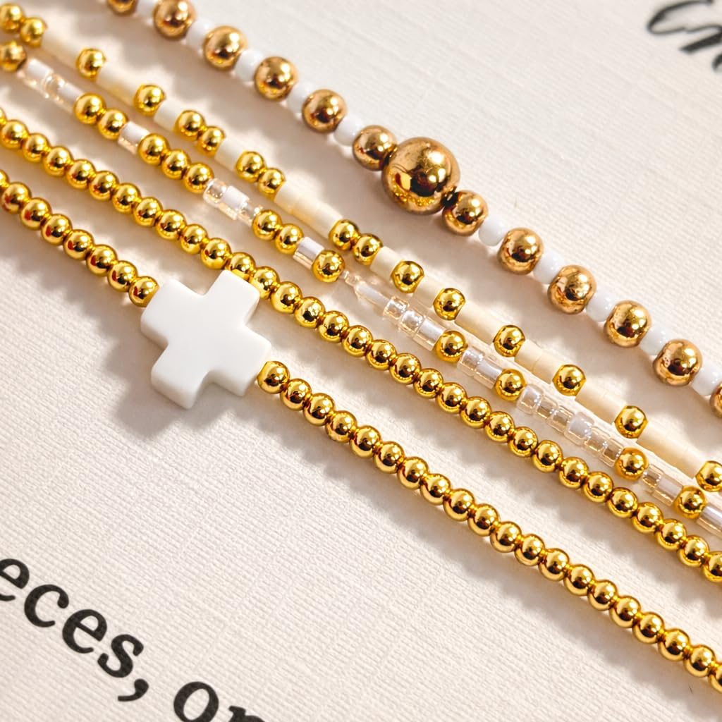 Gold Bracelets for Women, Beaded Cross Stack, Non Tarnish Set，Set-1