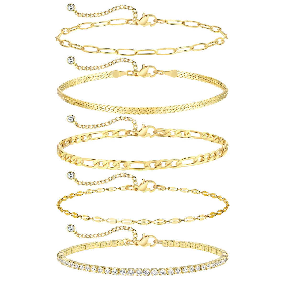 iF YOU Gold Ankle Bracelets for Women, 14k Gold Plated Waterproof Cuban Link Chain Anklets Set, Layered Anklet Bracelets for Women Beach Gift Adjustable Size 5pcs