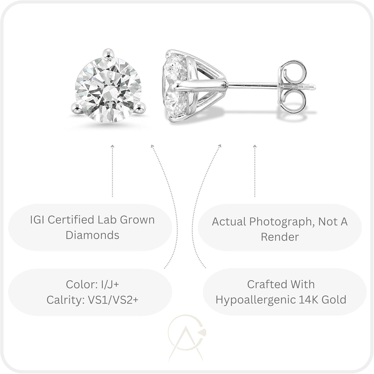 1.5-4.0 Carat Lab Grown Diamond Round Stud Earrings 14K Gold