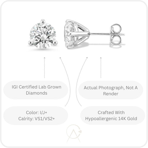 1.5-4.0 Carat Lab Grown Diamond Round Stud Earrings 14K Gold