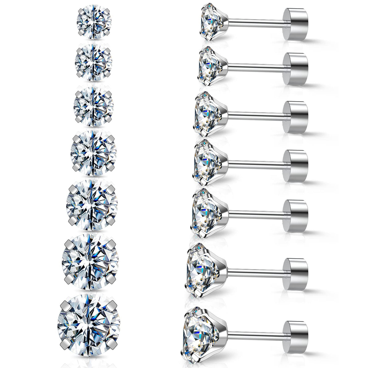 Stud Hoop Earrings Set 7 Pairs Hypoallergenic Cubic Zirconia Titanium Stainless Steel Silver Rose Gold Black 2-8mm CZ Cartilage Helix Flatback Ball Stud Hinged Sleeper Hoop Earrings Sets for Women Men