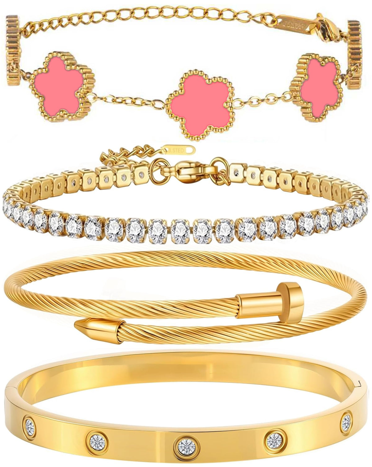 18K Gold Plated Bangle Bracelet Set for Women Stackable Lucky Floral Adjustable Tennis Bracelet Non Tarnish Gift Jewelry for Christmas Valentines Birthday Mother's Day