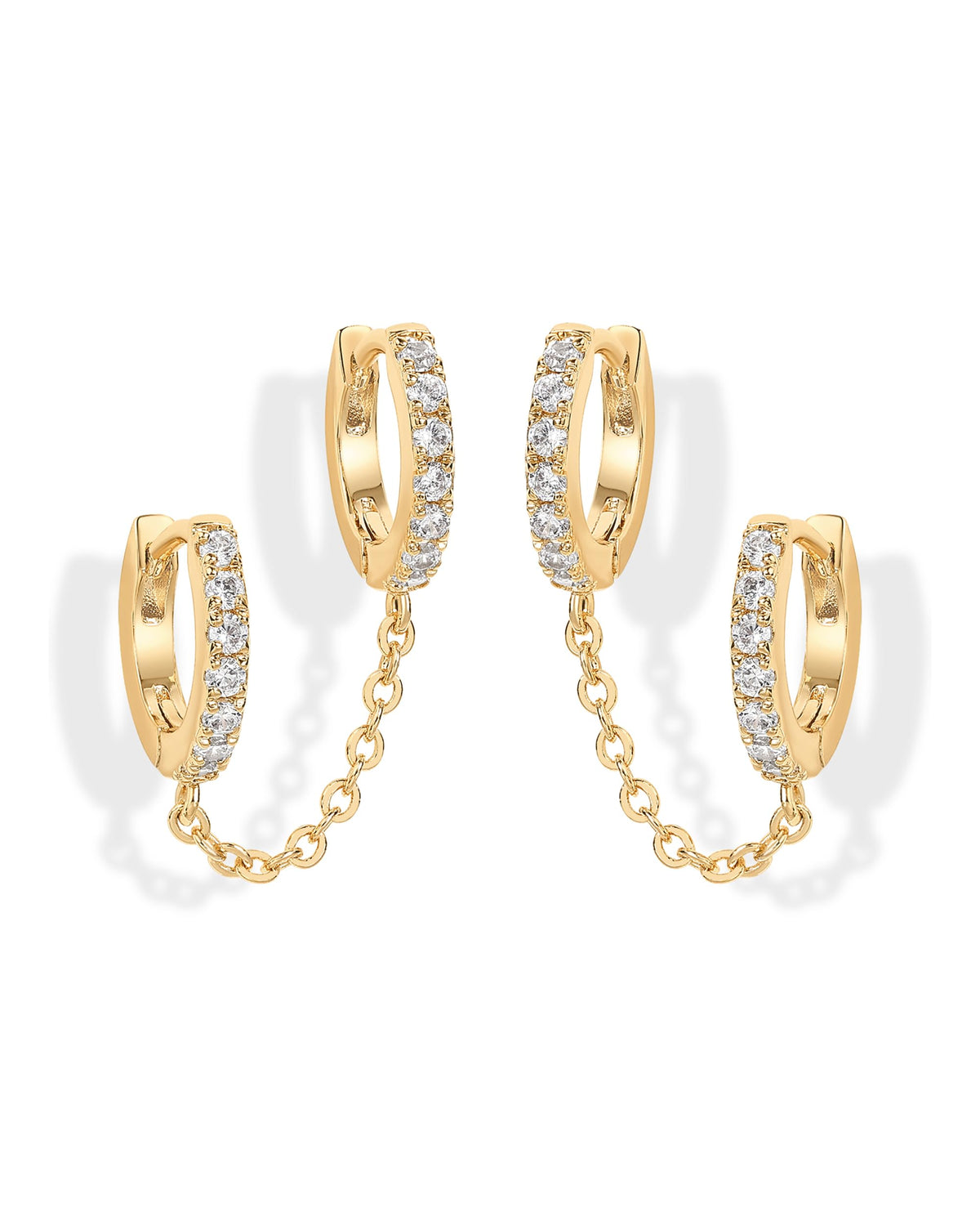 PAVOI 14K Gold Chain Earrings for Women | Double Piercing Dangle Chain Huggie Hoop Earrings | Cubic Zirconia Pearl Stud Ear Earrings for Women