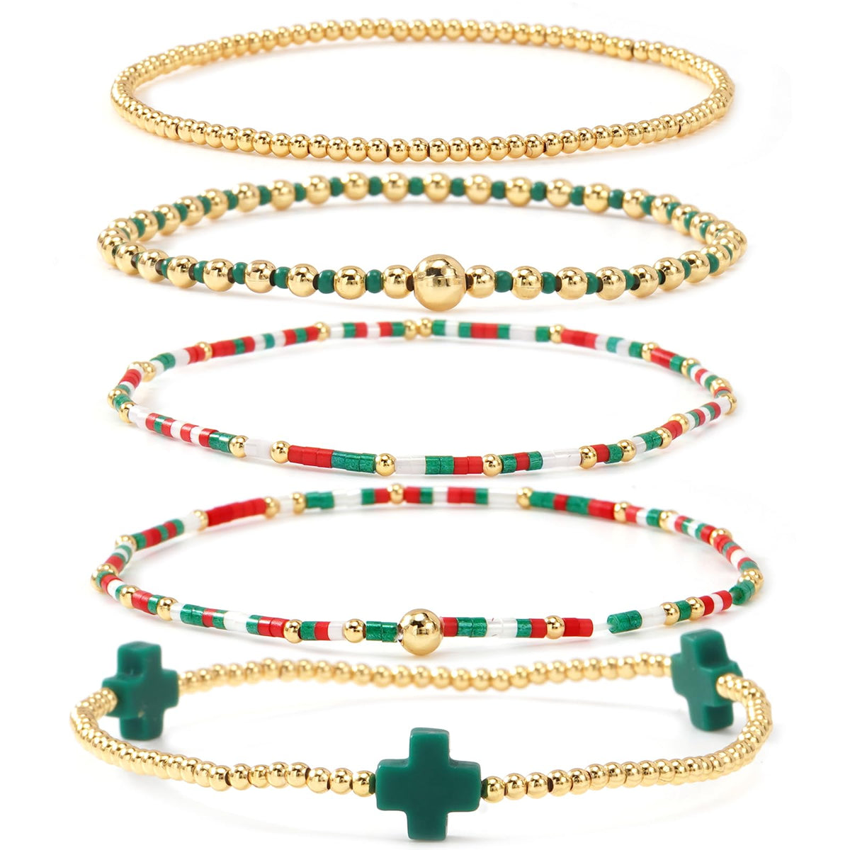 Gold Beaded Bracelets Stack for Women Stackable 14K Gold Plated Beads Ball Cross Bracelet Boho Christian Jewelry Faith Friendship Birthday Gifts for Women