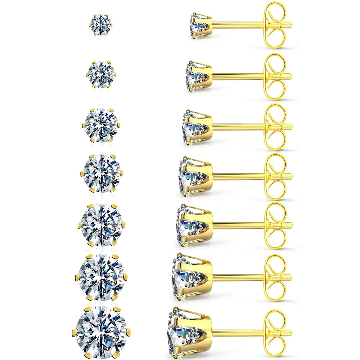 Silver Gold Black Stud Earrings Set 7Pairs Hypoallergenic Cubic Zirconia Titanium Stainless Steel Silver Rose Gold Black CZ Cartilage Stud Earrings Jewelry Sets for Women Men, 2-8mm CZ Stud Earrings