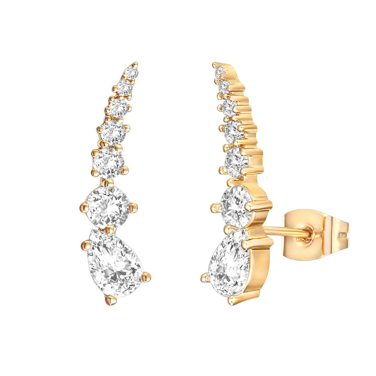 PAVOI 14K Gold Plated Ear Crawler Earrings for Women, CZ Climber Studs