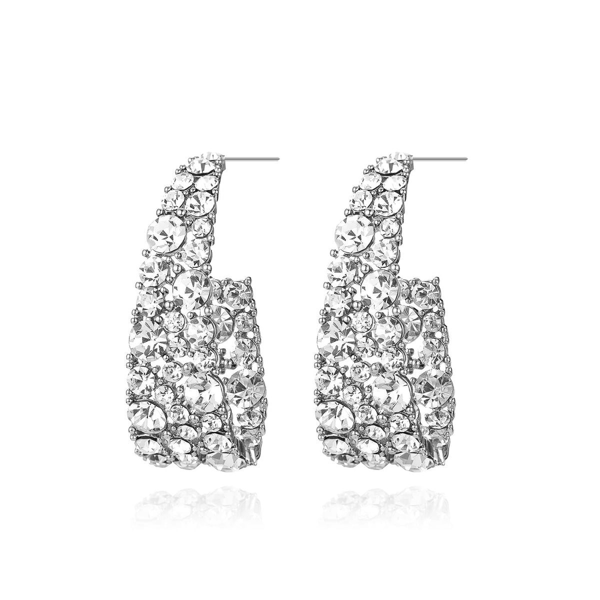 Qlady Crystal Hoop Earrings For Women, Bright Silver Plated Oval Inside Out Earring, Sparkling Modern Geometric Earrings, Gift for Her