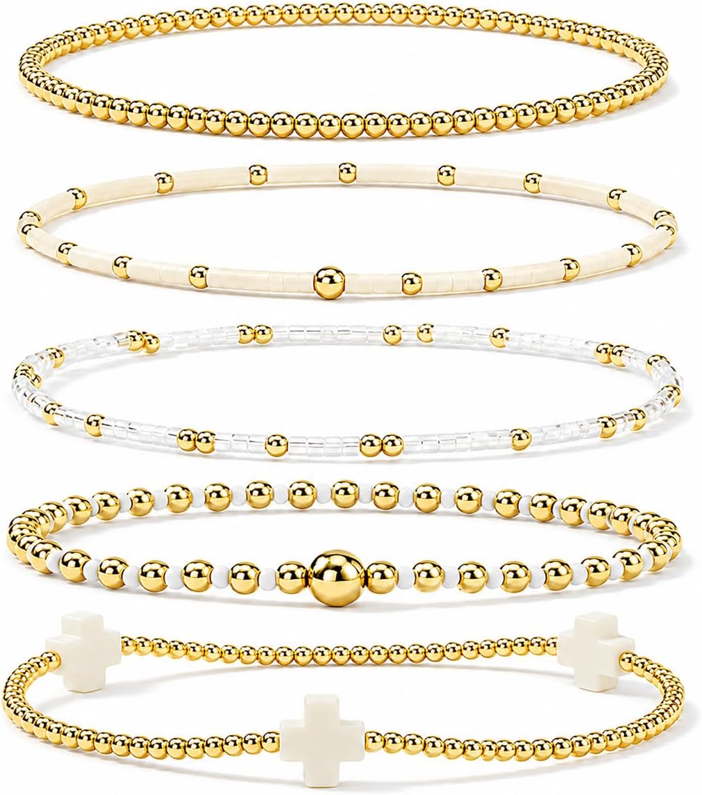 Gold Bracelets for Women, Beaded Cross Stack, Non Tarnish Set，Set-1