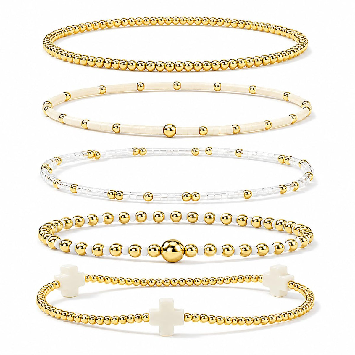 Gold Bracelets for Women, Beaded Cross Stack, Non Tarnish Set，Set-1