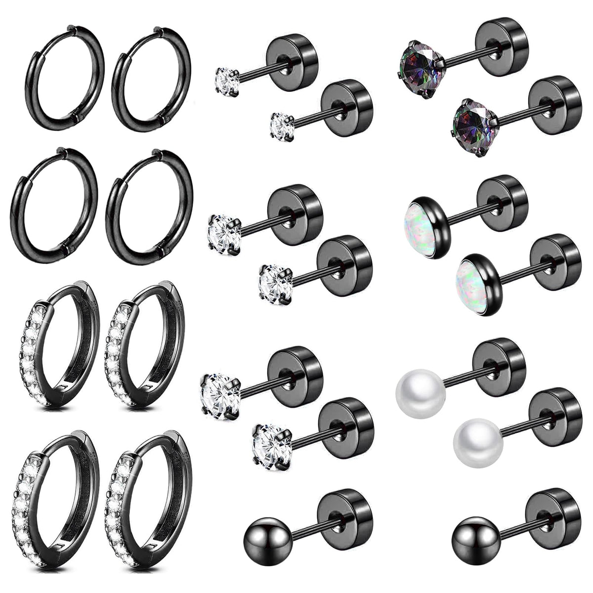 Surgical Steel Flat Back Earrings Set for Multiple Piercing Sensitive Ears,Sterling Silver Hypoallergenic Small Cartilage Huggie Hoop Earrings Titanium Tiny CZ Pearl Opal Stud Earrings for Women