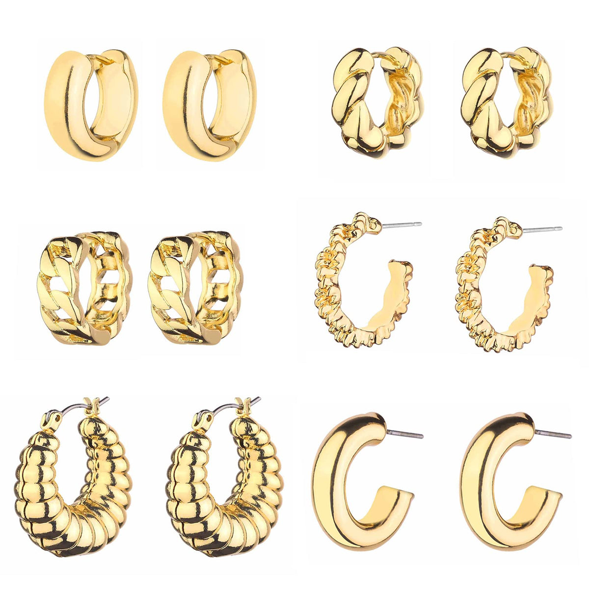 Wgoud 6 Pairs Chunky Gold Hoop Earrings for Women, 14K Gold Plated Hoop Earrings Hypoallergenic, Thick Lightweight Twisted Huggie Hoops Earring Set for Women’s Jewelry GIfts