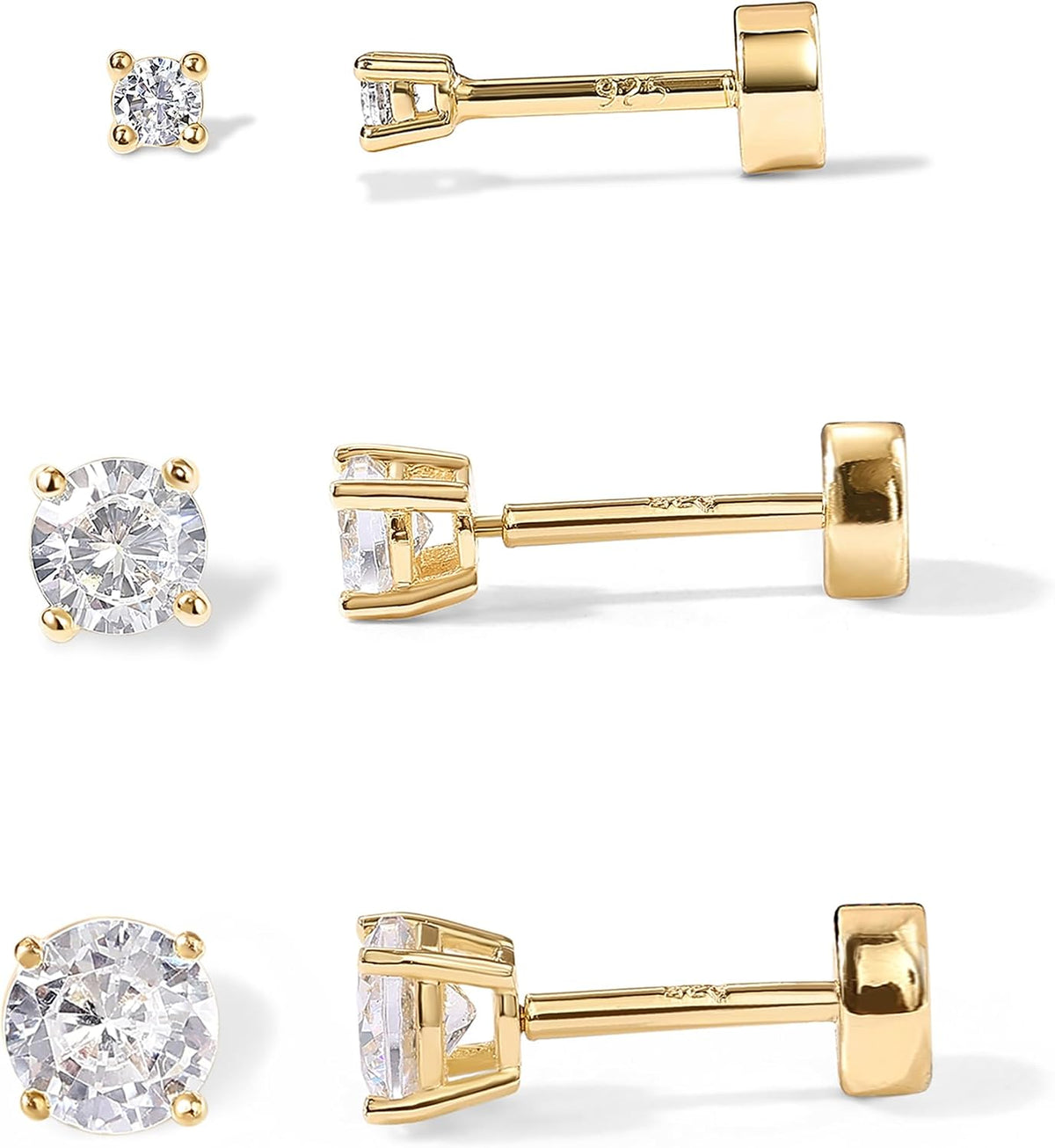 PAVOI Flat Back Stud Earrings for Women, 14K Gold Plated CZ Cartilage Studs