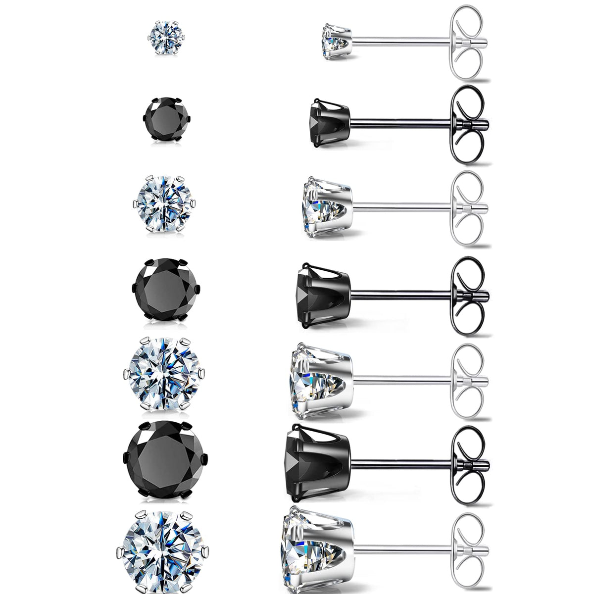 Silver Gold Black Stud Earrings Set 7Pairs Hypoallergenic Cubic Zirconia Titanium Stainless Steel Silver Rose Gold Black CZ Cartilage Stud Earrings Jewelry Sets for Women Men, 2-8mm CZ Stud Earrings