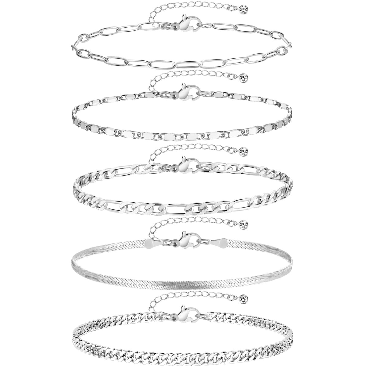 iF YOU Gold Ankle Bracelets for Women, 14k Gold Plated Waterproof Cuban Link Chain Anklets Set, Layered Anklet Bracelets for Women Beach Gift Adjustable Size 5pcs