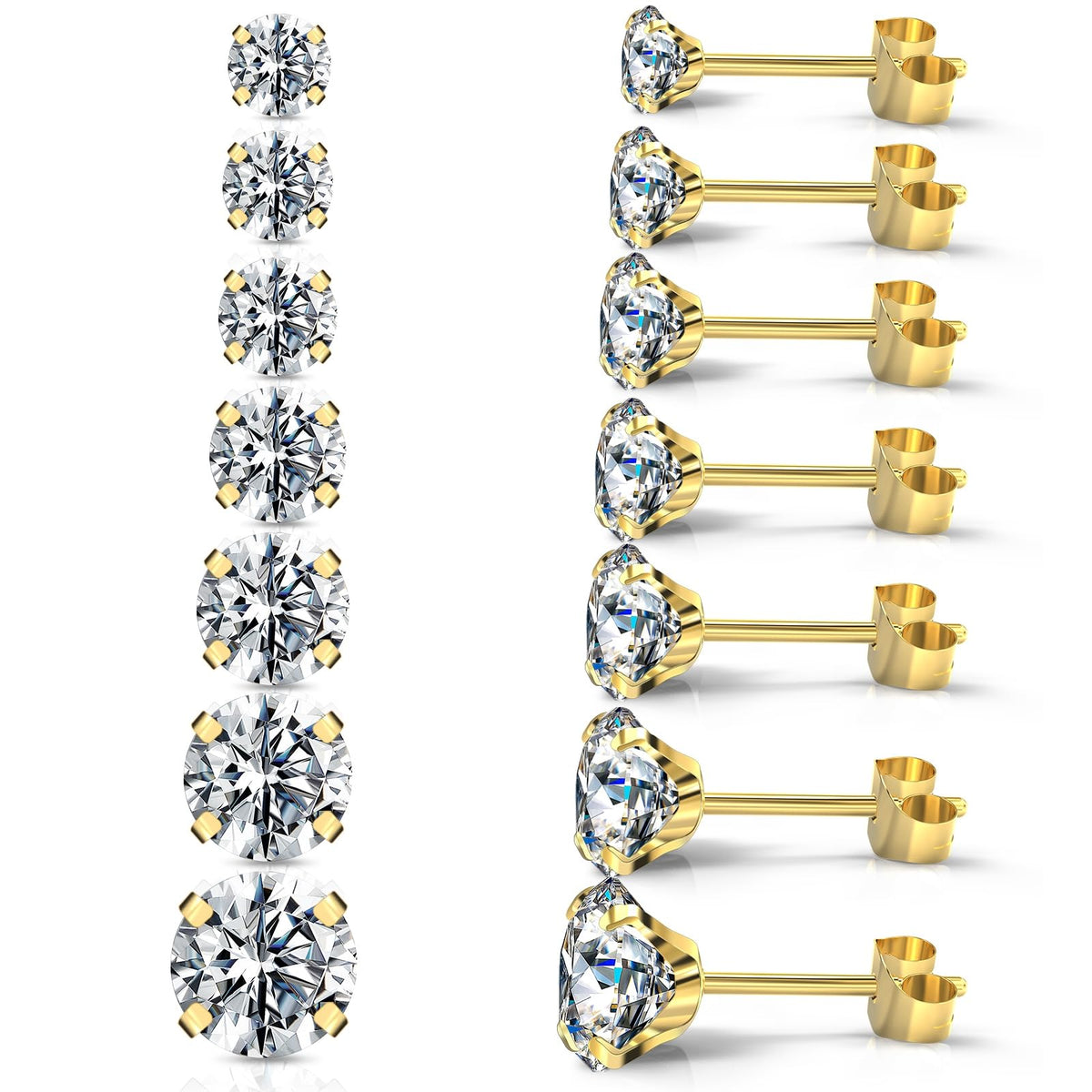 Stud Hoop Earrings Set 7 Pairs Hypoallergenic Cubic Zirconia Titanium Stainless Steel Silver Rose Gold Black 2-8mm CZ Cartilage Helix Flatback Ball Stud Hinged Sleeper Hoop Earrings Sets for Women Men