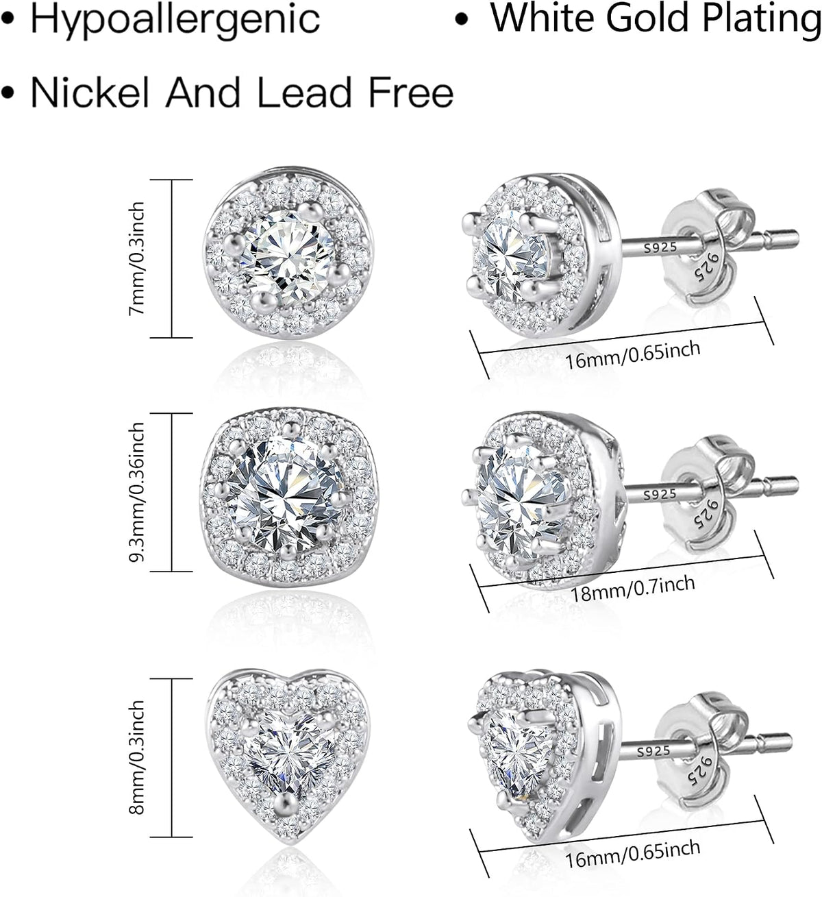 Hypoallergenic Silver Stud Earrings for Women Cubic Diamond Halo Heart Set