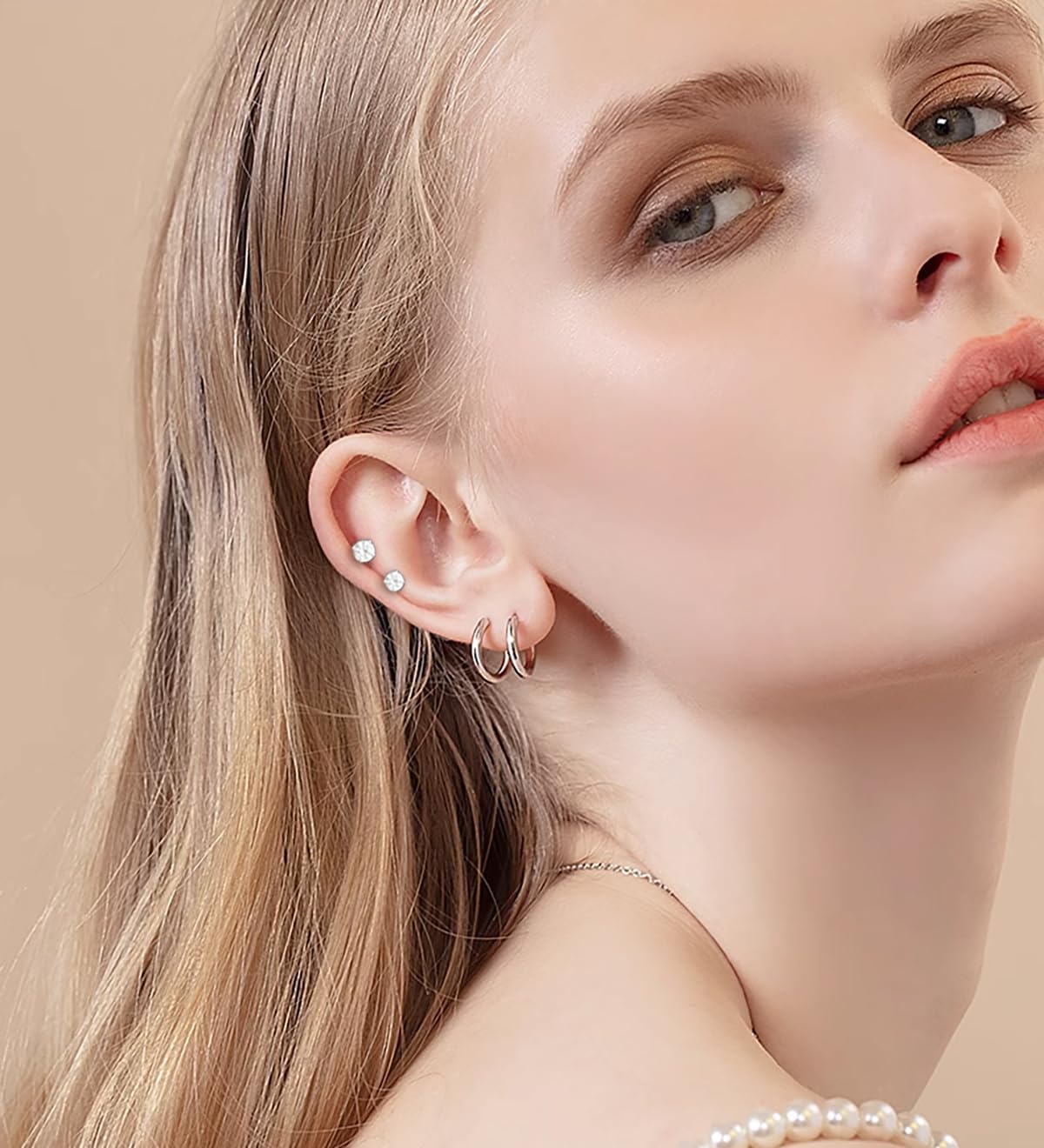 Surgical Steel Flat Back Earrings Set for Multiple Piercing Sensitive Ears,Sterling Silver Hypoallergenic Small Cartilage Huggie Hoop Earrings Titanium Tiny CZ Pearl Opal Stud Earrings for Women
