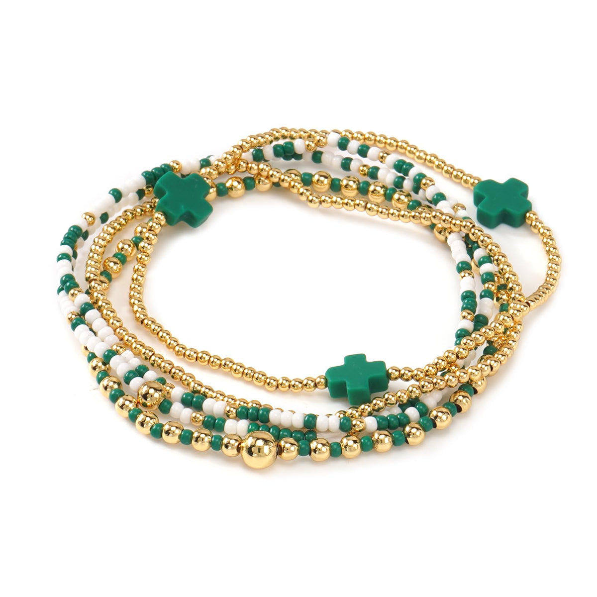 Gold Beaded Bracelets Stack for Women Stackable 14K Gold Plated Beads Ball Cross Bracelet Boho Christian Jewelry Faith Friendship Birthday Gifts for Women