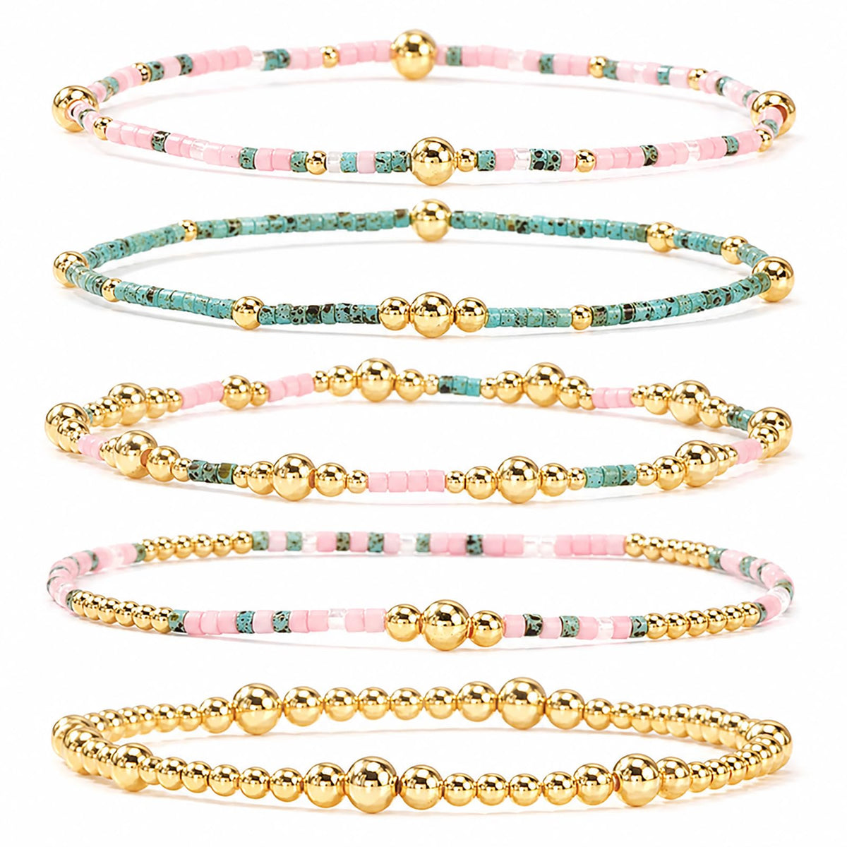 Gold Bracelets for Women, Beaded Cross Stack, Non Tarnish Set，Set-1