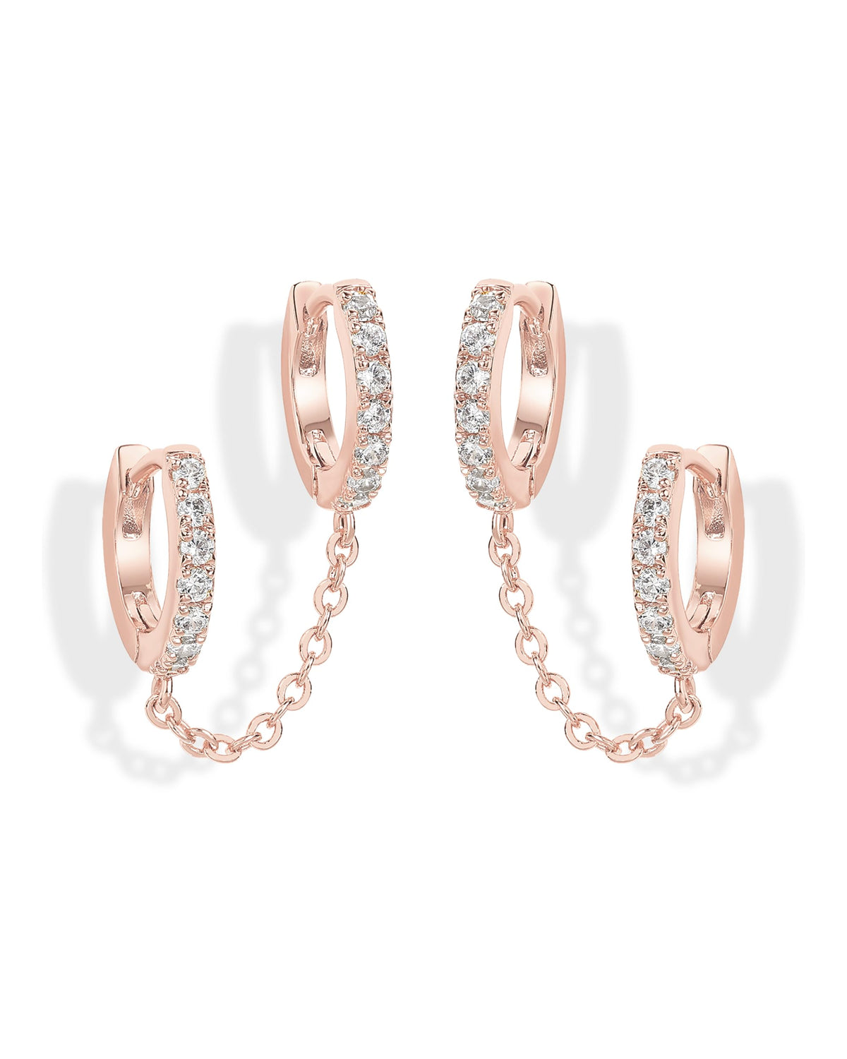 PAVOI 14K Gold Chain Earrings for Women | Double Piercing Dangle Chain Huggie Hoop Earrings | Cubic Zirconia Pearl Stud Ear Earrings for Women
