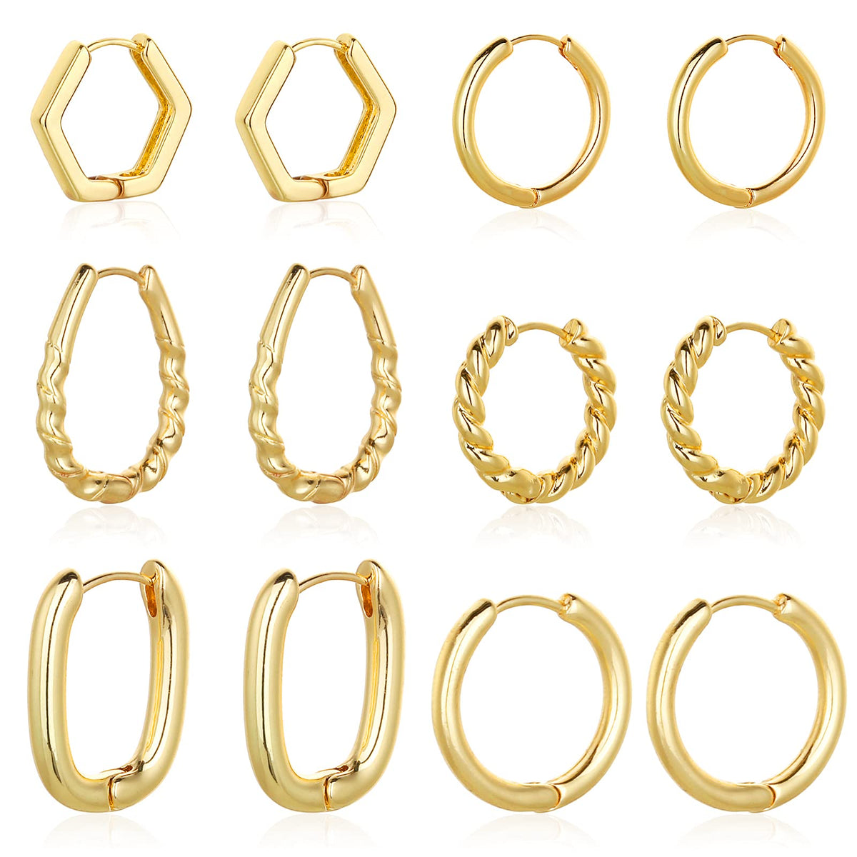 Wgoud 6 Pairs Chunky Gold Hoop Earrings for Women, 14K Gold Plated Hoop Earrings Hypoallergenic, Thick Lightweight Twisted Huggie Hoops Earring Set for Women’s Jewelry GIfts