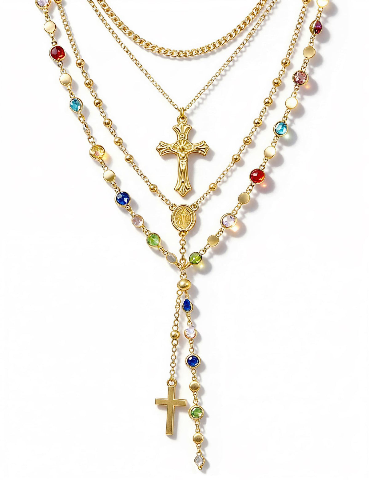 4PCS Layered Gold Cross Necklaces for Women Trendy, Bohemian Bead Pearl Y Long Pendant Necklace Set, Vintage Rosary Necklace Stack Adjustable Length