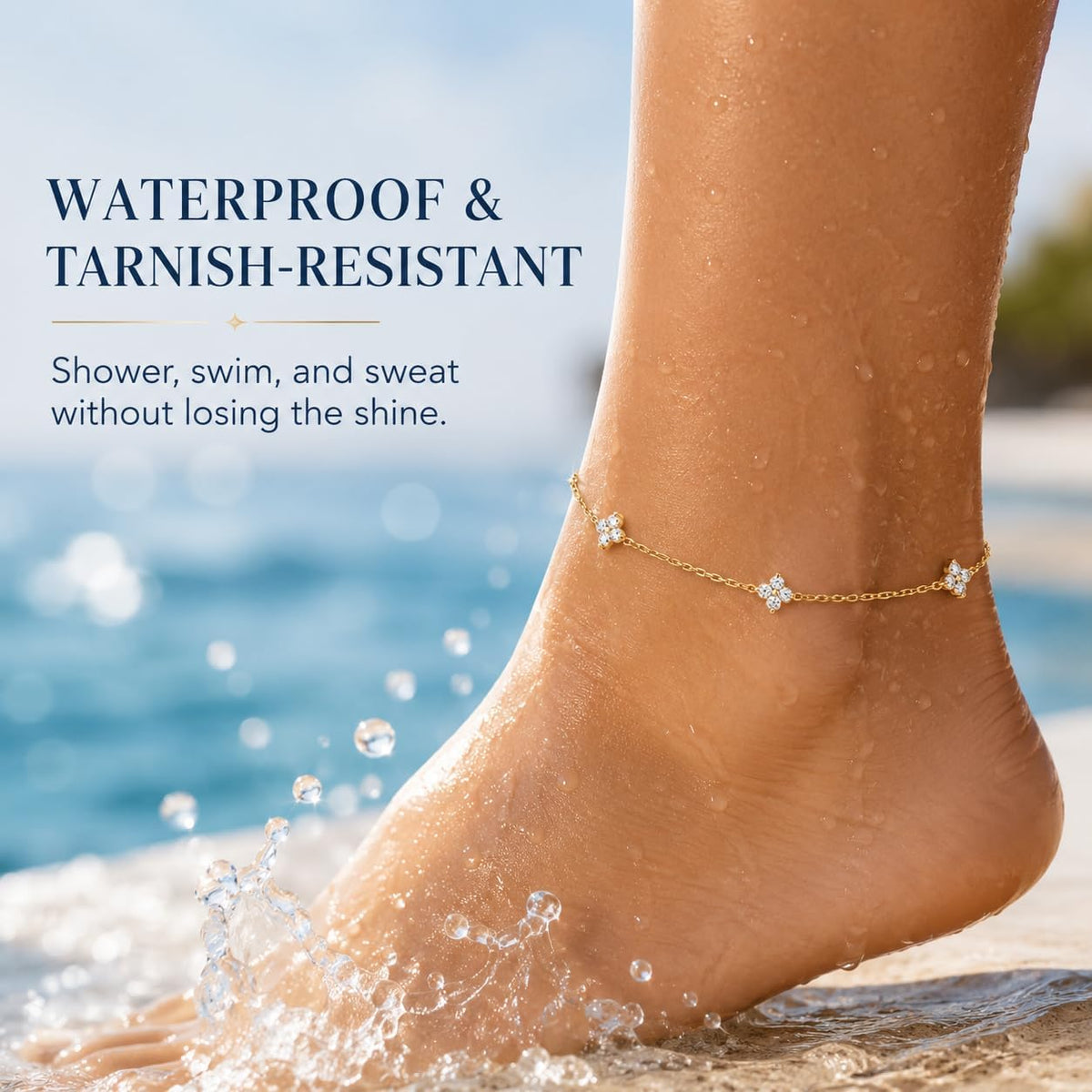 14K Gold Plated Clover Anklets for Women, Dainty CZ Floral Layered Ankle Bracelets, Waterproof Summer Beach Foot Jewelry Gifts for Women