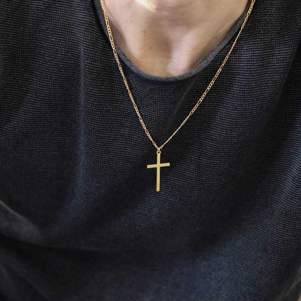 Joxevyia 14K Gold Filled Cross Necklace for Men Figaro Chain Stainless Steel Polished Cross Pendant Necklace Simple Baptism Faith Jewelry Gift