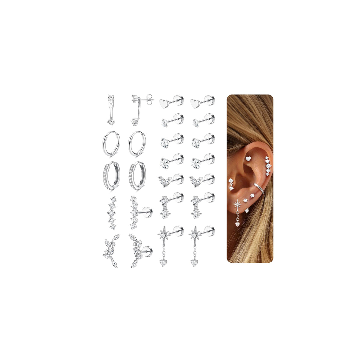 LOLIAS Hypoallergenic Flat Back Earrings-Cartilage Earring Stacks-Surgical Steel Earrings for Sensitive Ears - Small Stainless Steel Flatback Stud Hoop Earring Sets for Helix Tragus Conch Daith Multiple Piercing Jewelry Trendy