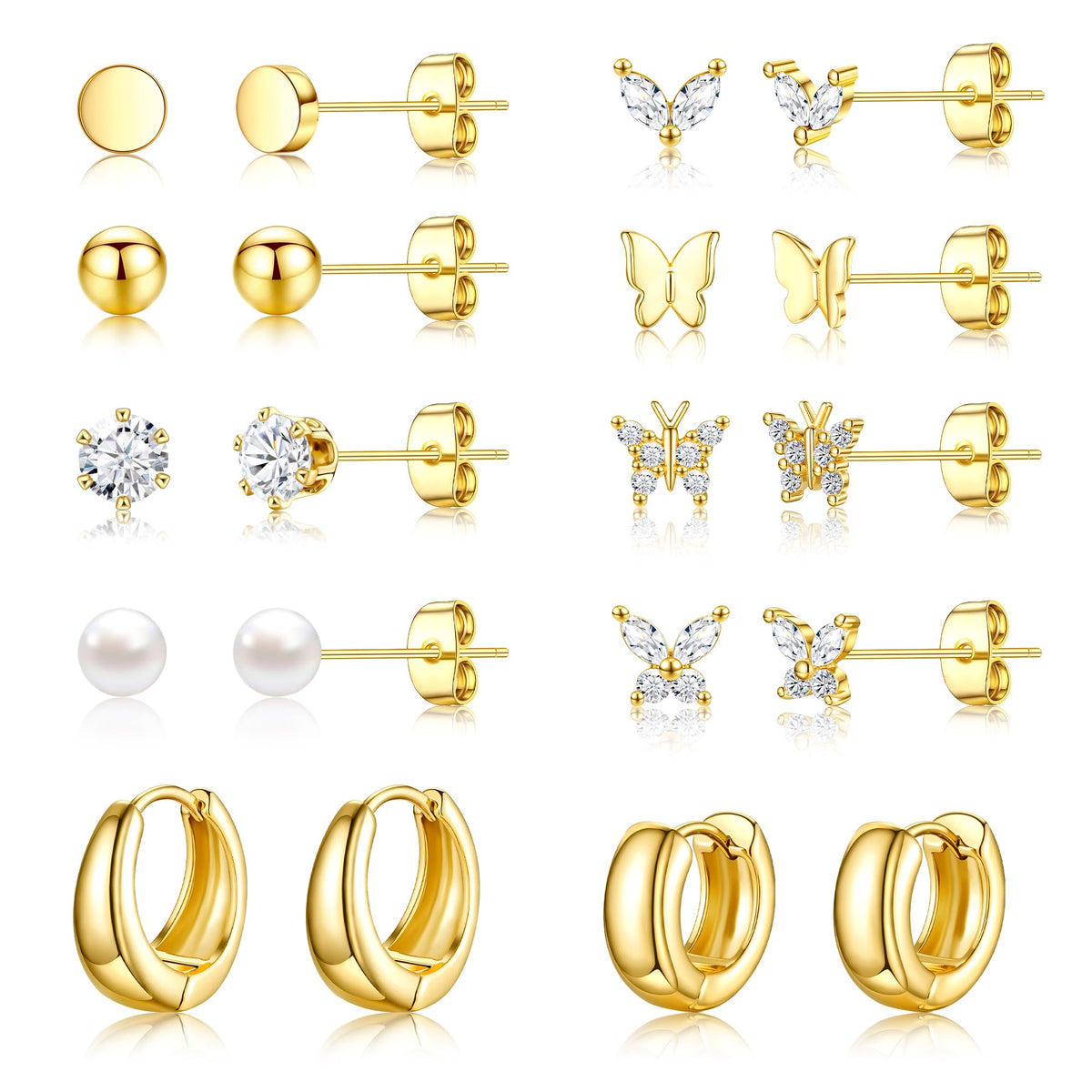 Small Gold Stud Earrings Set for Women - 14K Gold Plated CZ Huggie Hoops Hypoallergenic Earrings Dainty Flower Heart Stud Earrings for Jewelry Gift