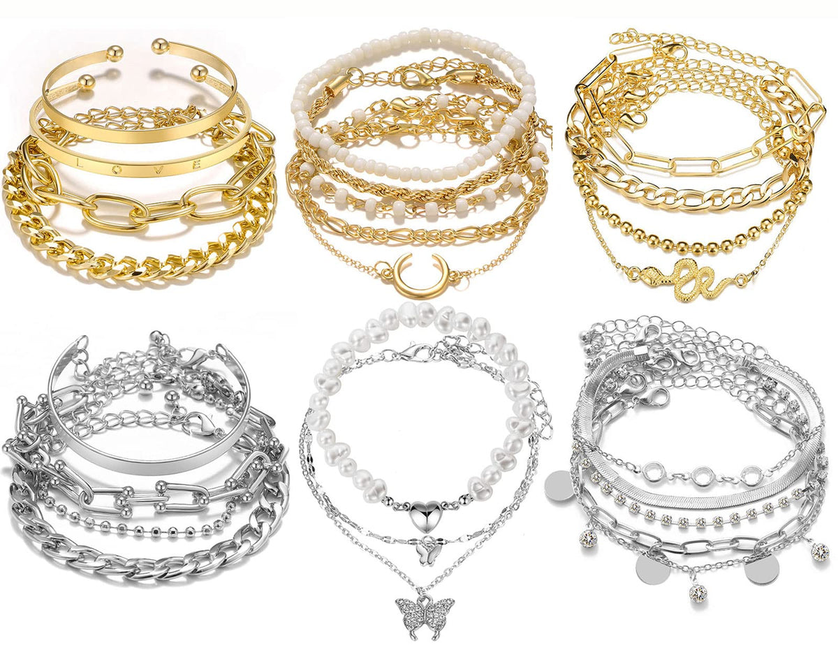 17IF 18-25 PCS(6 Pack) Boho Gold Silver Stackable Bracelets Set for Women