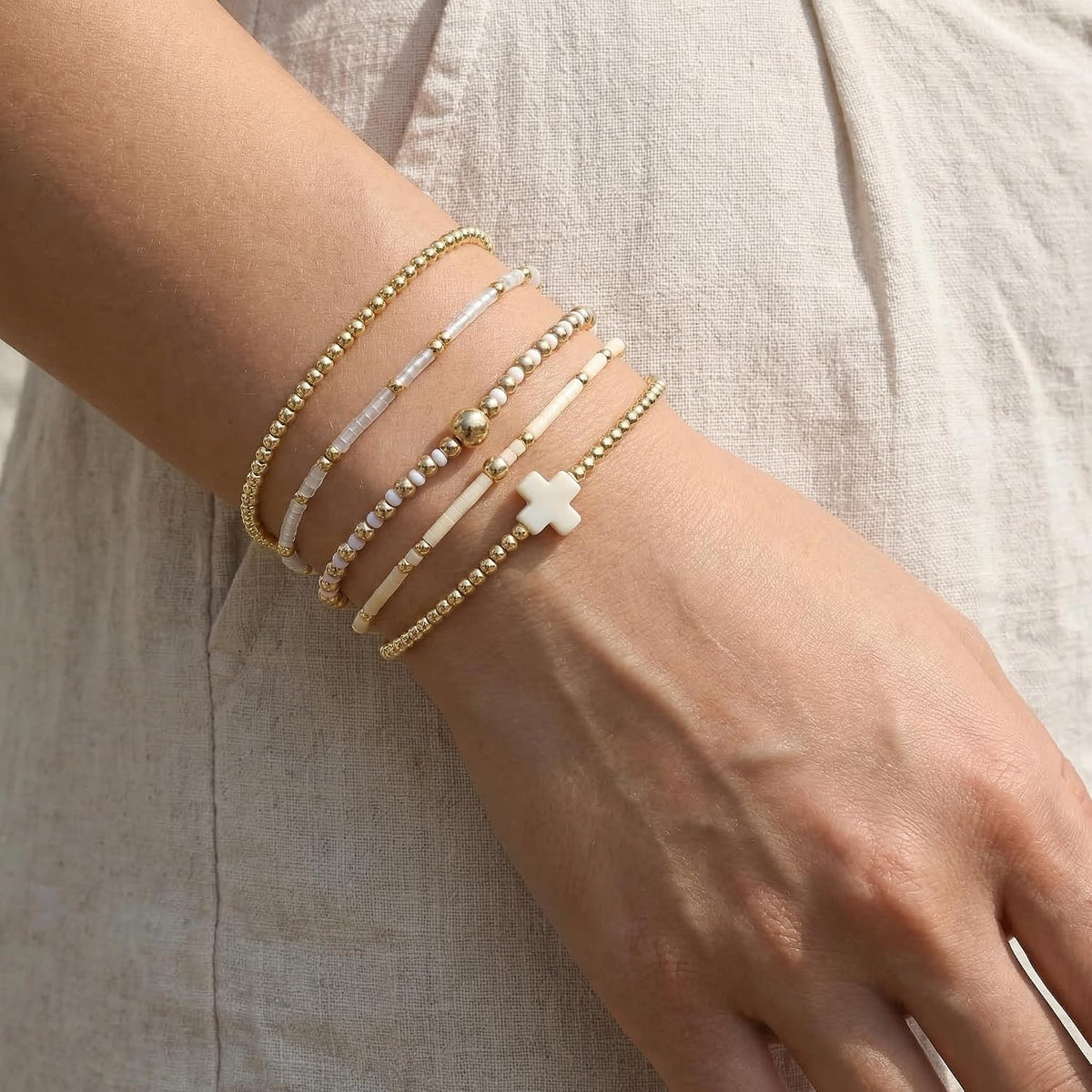 Gold Beaded Bracelets Stack for Women Stackable 14K Gold Plated Beads Ball Cross Bracelet Boho Christian Jewelry Faith Friendship Birthday Gifts for Women