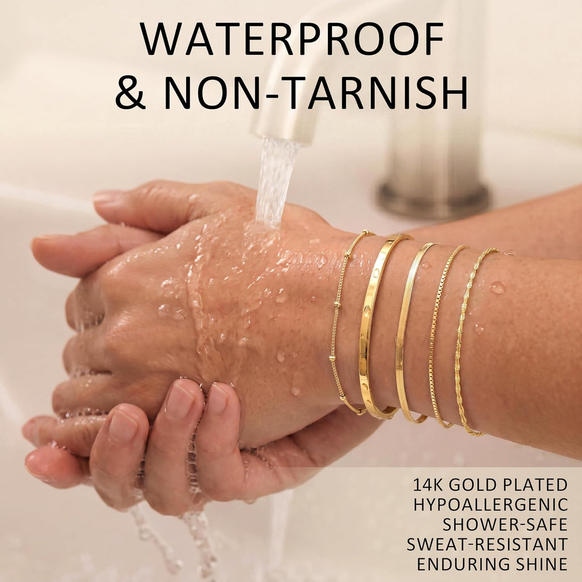 Dainty Gold Bracelet for Women Trendy Non Tarnish, Thin Bracelets Stackable Set with Bangle Cuff, Box, Herringbone, Paperclip, Figaro, Sparkling Link Chains Waterproof, Simple Jewelry Gifts for Women