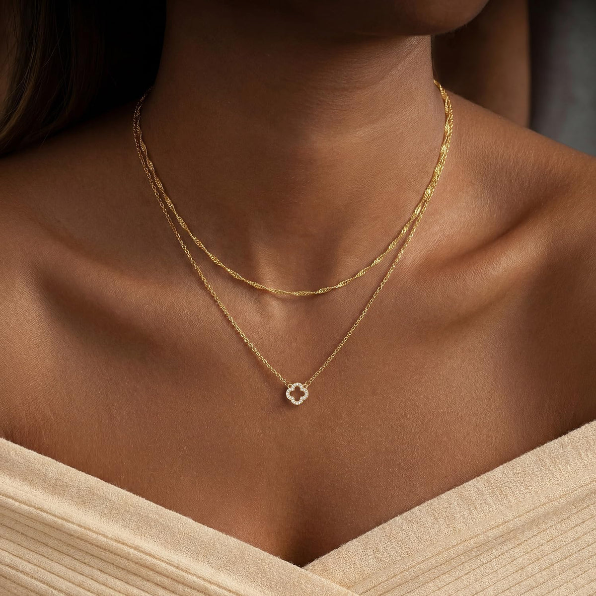 Dainty Gold Necklaces for Women Trendy Non Tarnish 14K Gold Plated Cubic Zirconia Necklace Layered Simple Cute Four Leaf Clover Choker Jewelry Birthday Gifts