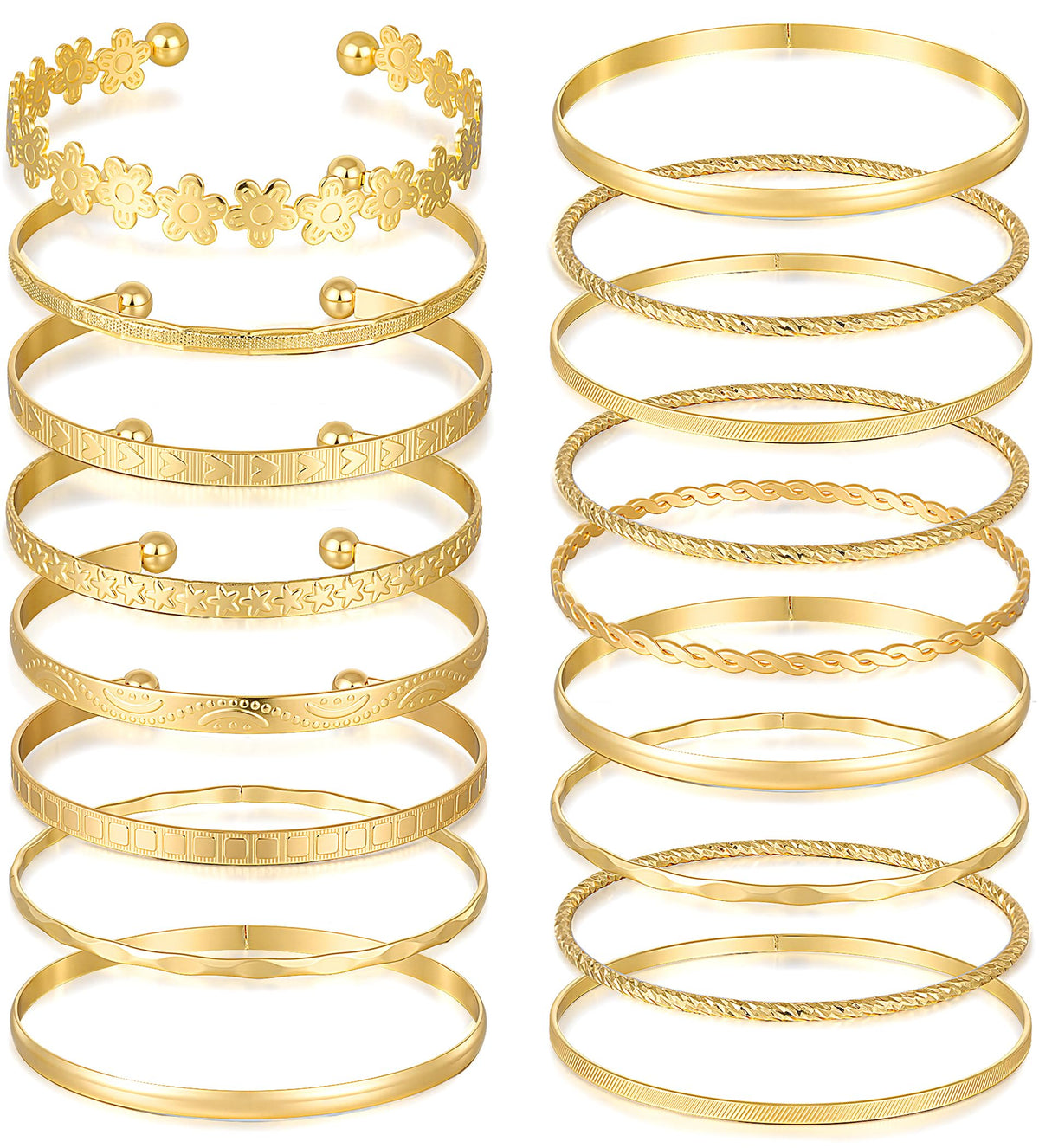 FAXHION Gold Bangle Bracelets for Women, 14 Pcs Multi Layer Stackable Bangle Set, 14K Gold Plated Textured Chunky Bracelets Boho Jewelrys Set