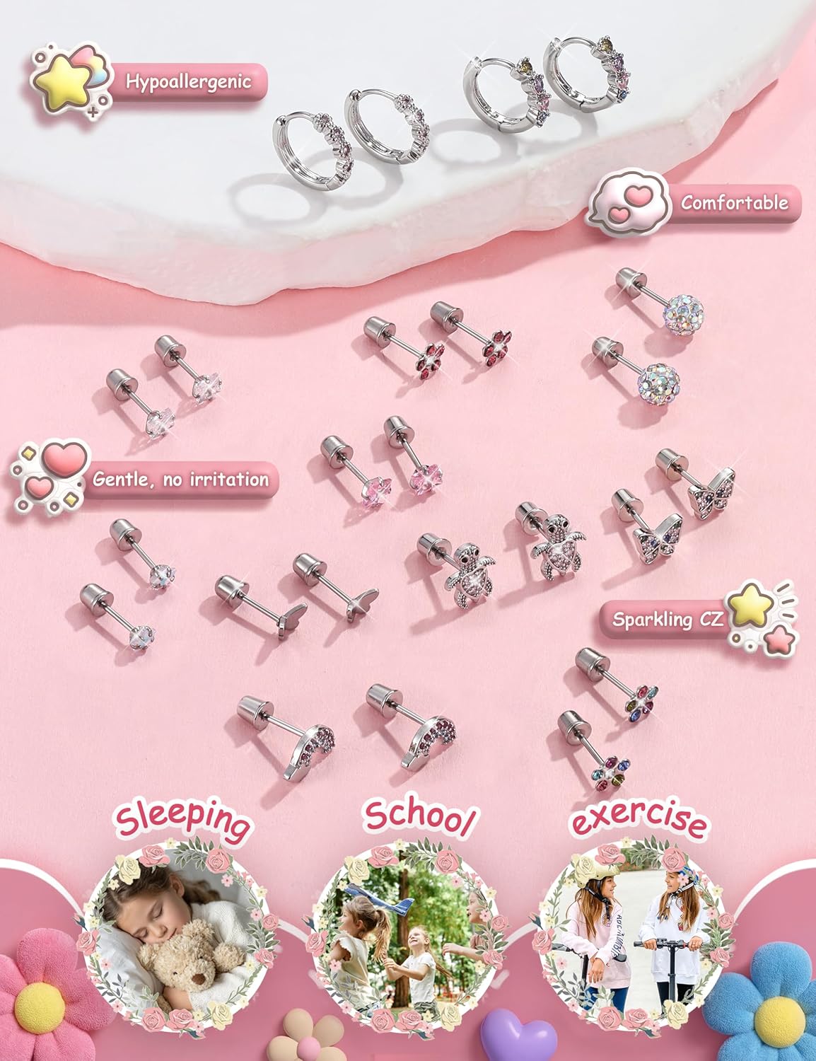 FIASASO 12 Pairs Hypoallergenic Surgical Stainless Steel Earrings for Girls
