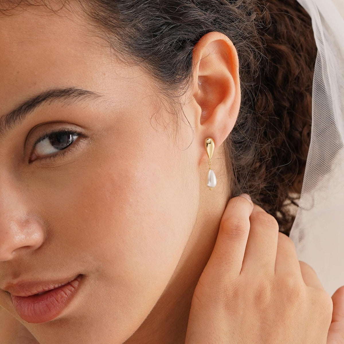 Plenky Pearl Earrings-14K Gold Plated Dainty Pearl Drop Simple Wedding CZ Dangle Dangling Cute Stud Earrings for Brides Earrings for Women Gifts