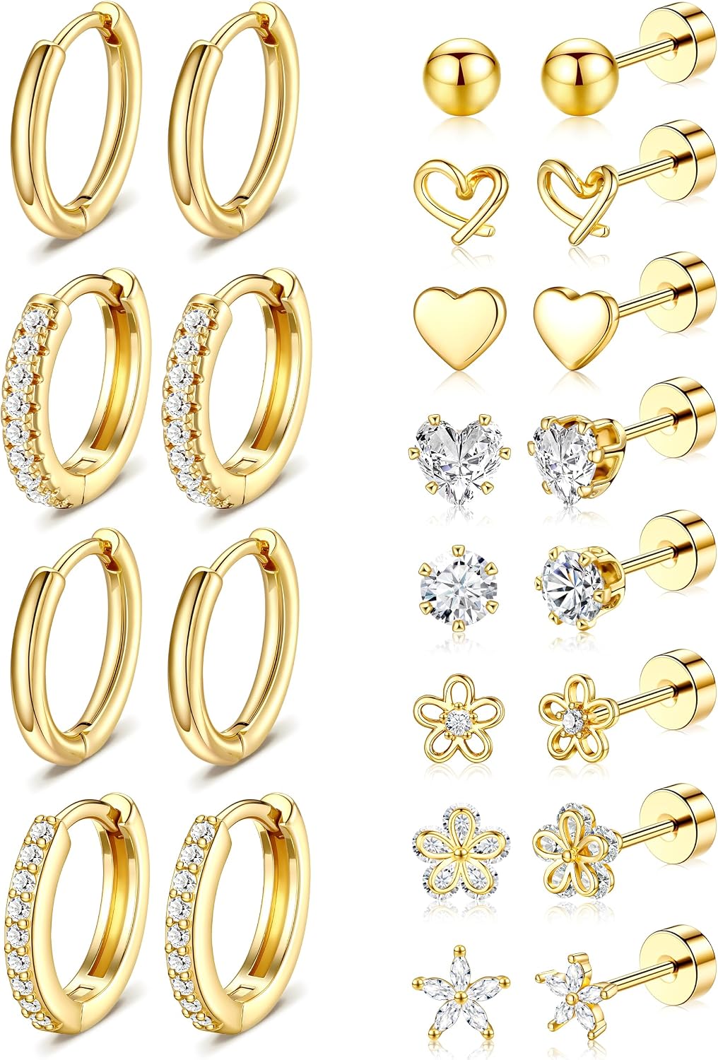 Hypoallergenic Gold Stud Earrings for Women - 14k Gold Plated Surgical Stainless Steel Flat back Earrings Set Small Huggie Hoop Flatback Earring for Sensitive Ears Screw Back Cartilage Piercing Jewelry