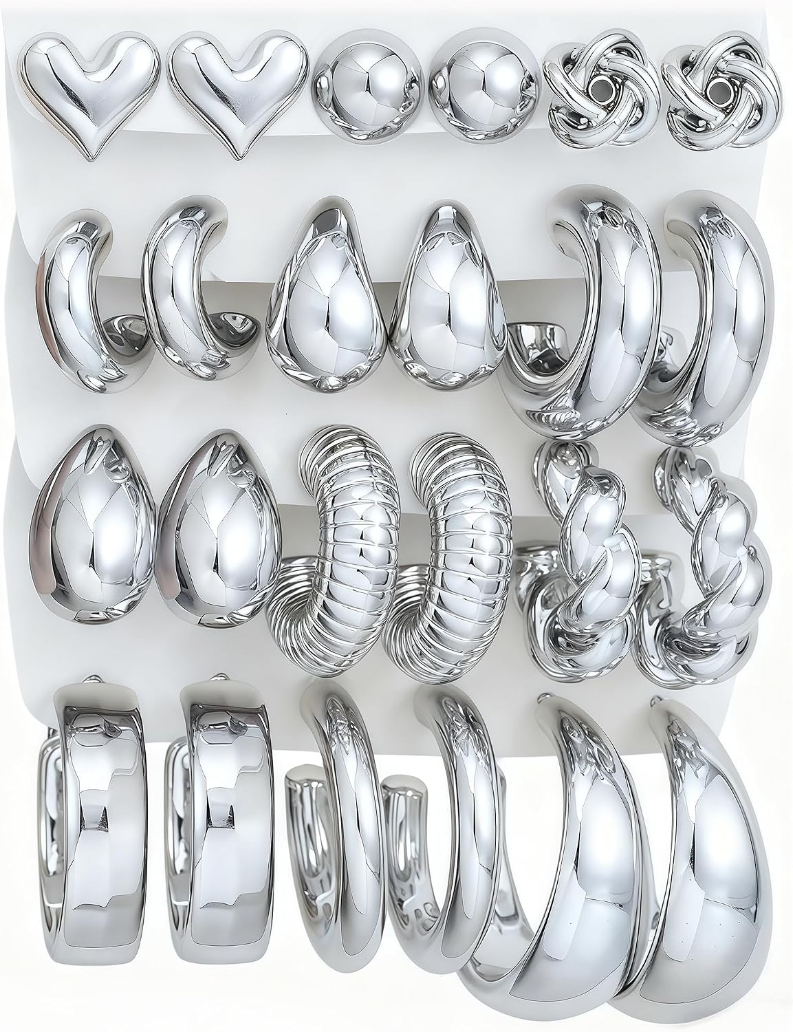 12 Pairs Chunky Silver Hoop Earrings for Women Trendy, Silver Plated Lightweight Thick Open Twisted Stack, Non Tarnish Huggie Hoops Earring Set