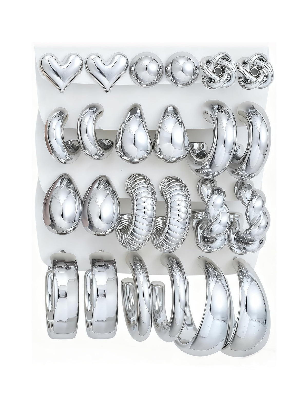 12 Pairs Chunky Silver Hoop Earrings for Women Trendy, Silver Plated Lightweight Thick Open Twisted Stack, Non Tarnish Huggie Hoops Earring Set