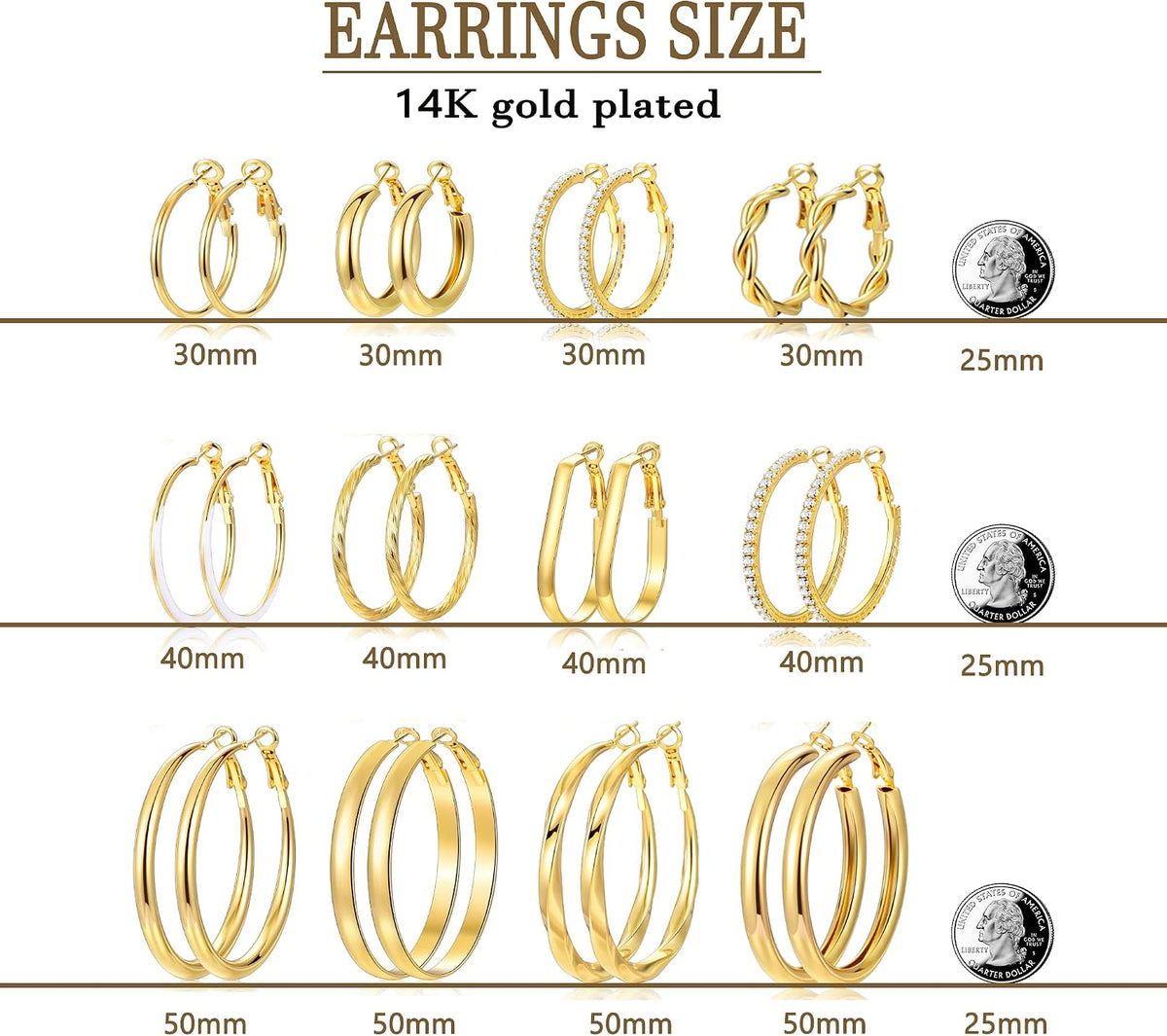 12 Pairs Gold Hoop Earrings Set for Women, Lightweight Hoop Jewelry