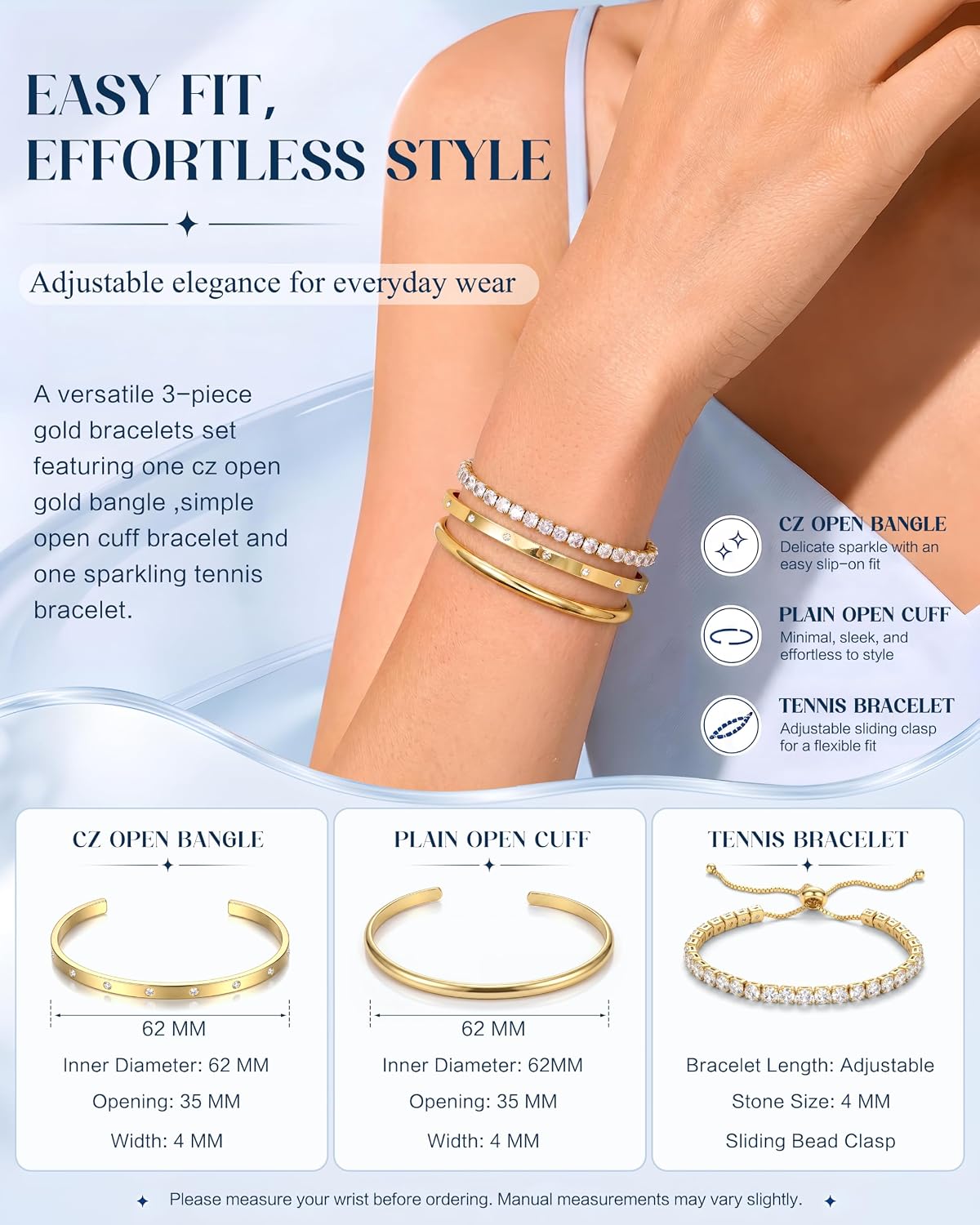 14K Gold Bracelets for Women Trendy Bangle Cuff Tennis Bracelets Set
